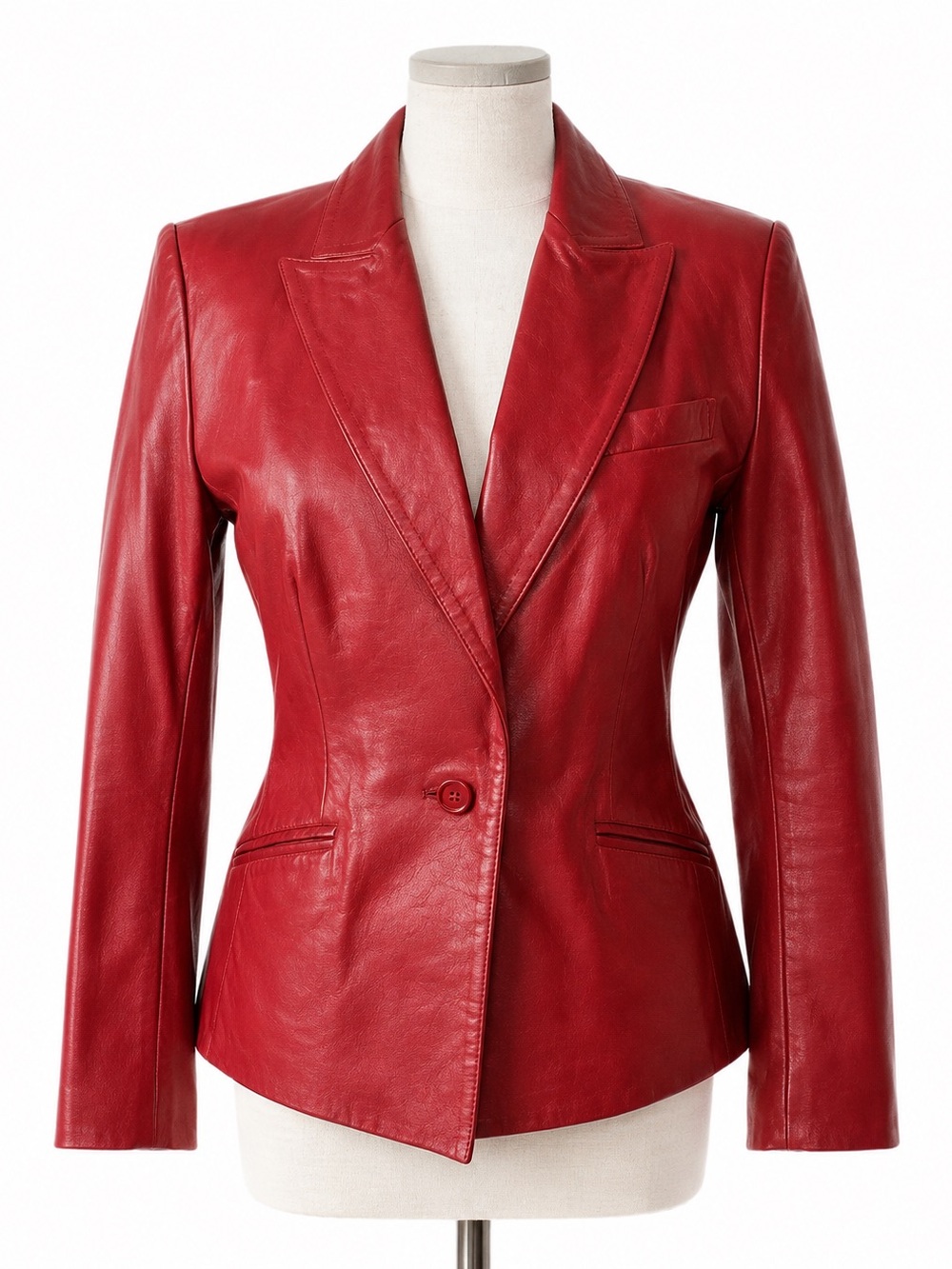 Vintage 1999 Express Red Leather Blazer Y2K Fitted Moto Jacket Size 1/2